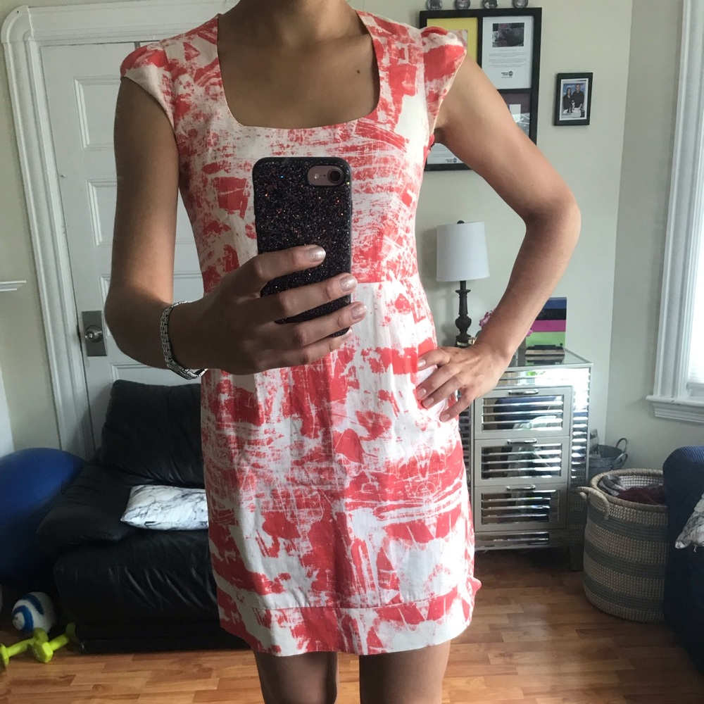 French Connection orange and white linen dress.